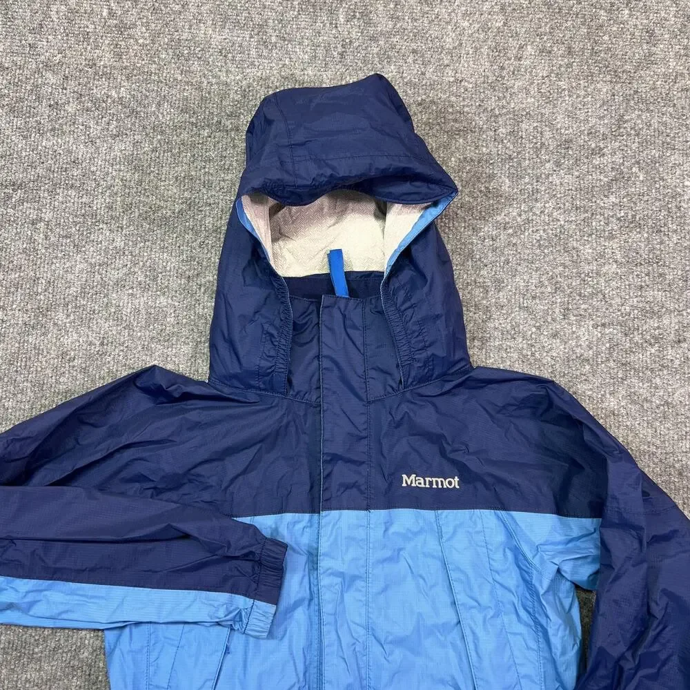 Marmot Jacket Kids XS Blue Colorblock Hooded Rain Coat Nylon Shell Lightweight